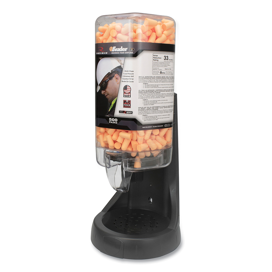 Radians Evader 33 Smaller Disposable Foam Earplugs with Refillable Dispenser – 500 Pairs